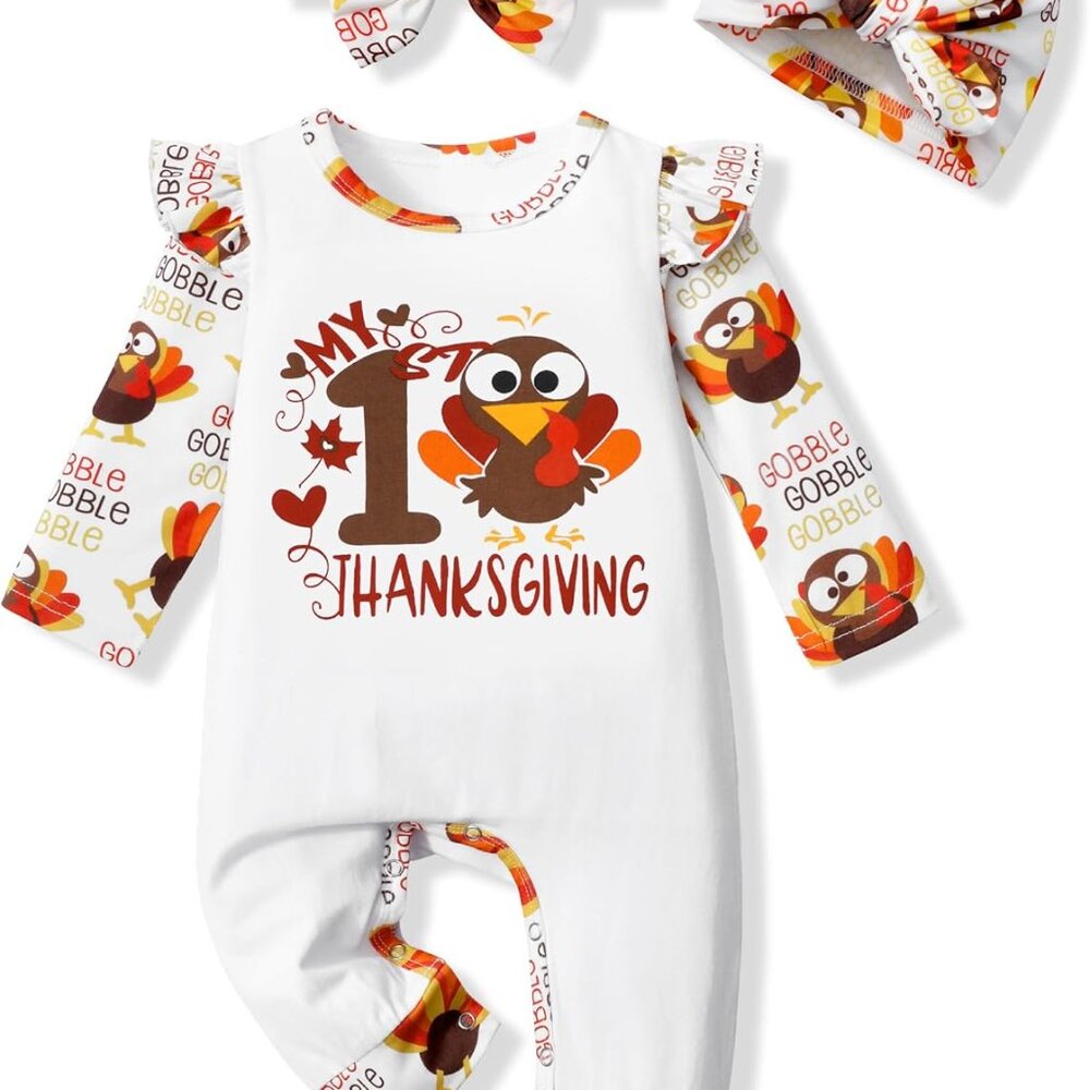 Stylish Baby Girl Thanksgiving Turkey Romper & Accessories: Size 6-9 Months